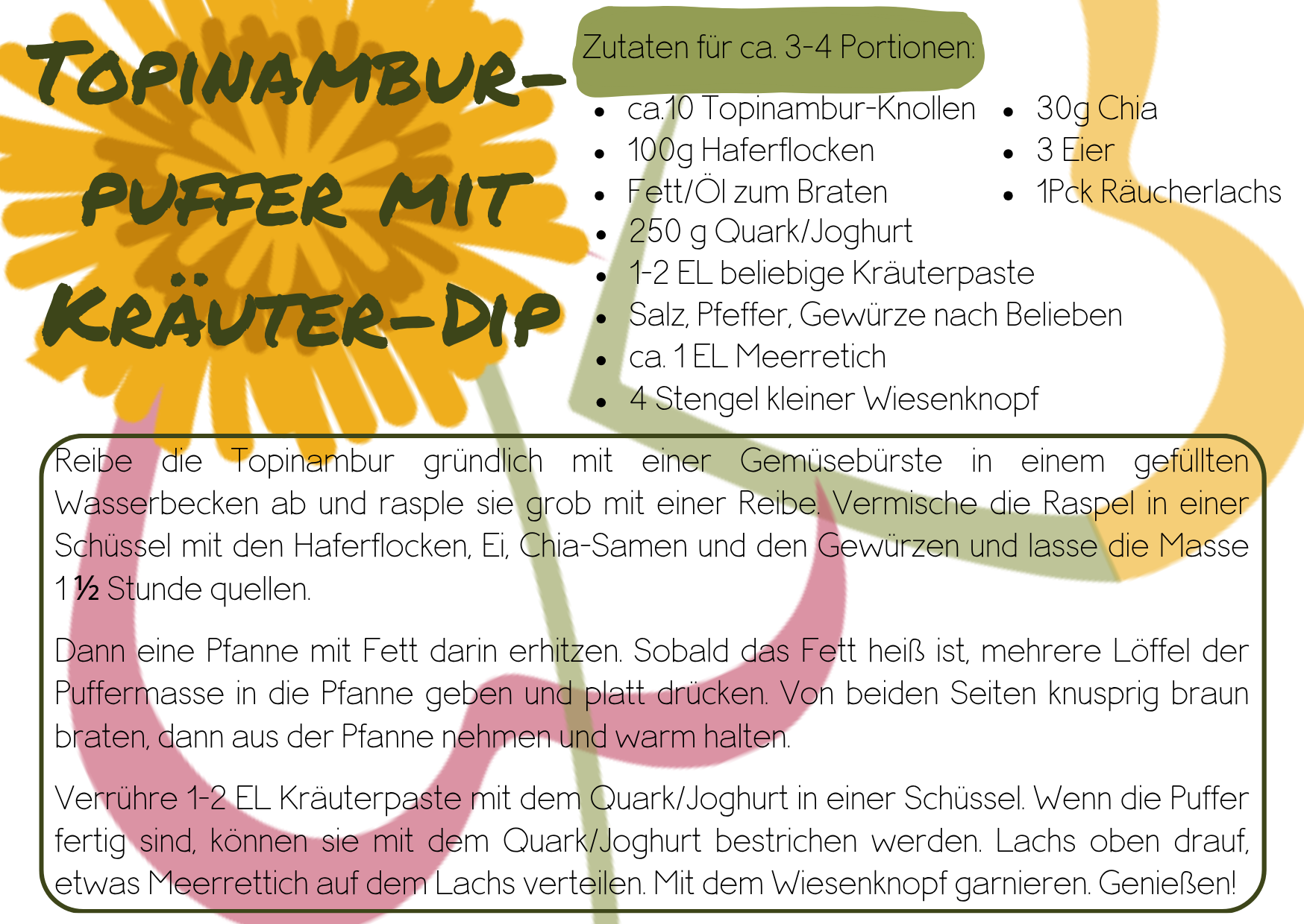 Einfaches Rezept für diabetikerfreundliche Topinambur-Puffer mit Kräuter-Dip, einfach gesund ernähren zum Weltdiabetestag