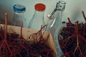 Holunder und Flaschen für Holundersaft