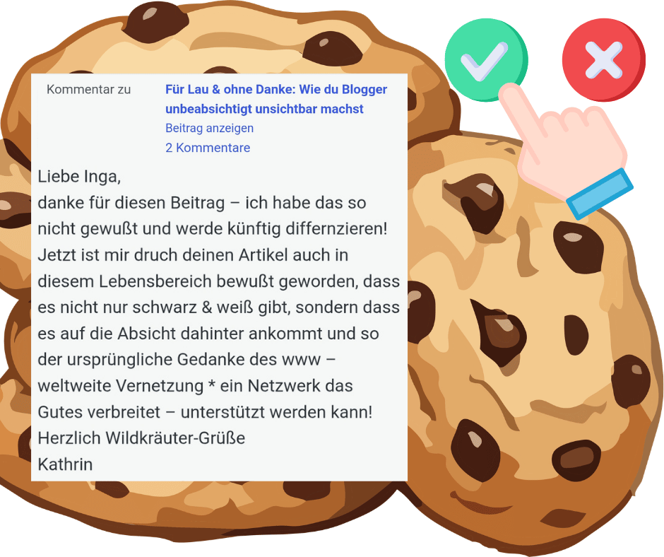 Ein Kommentar von Kathrin, in dem sie bedauert dass sie nicht wusste, was Cookies für Bloggerbedeuten und dass sie zukünftig differenzieren wird