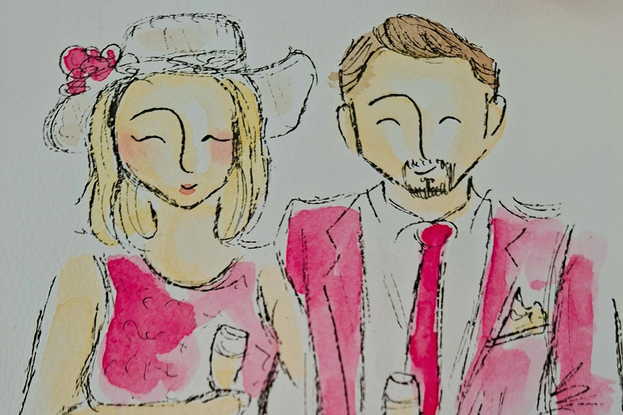 eine Aquarell-Illustration von einem Päärchen in pinkem Outfit mit Sektgläsern in der Hand