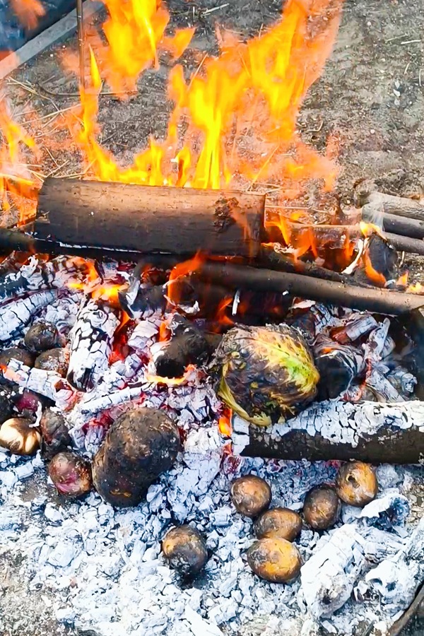 Gemüse leicht angekohlt in der Glut eines Feuers