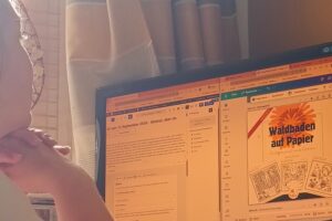 Inga von WildKrautBraut, wie sie am Schreibtisch an einem ihrer Blogartikel arbeitet