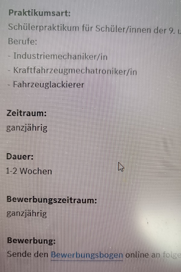 Praktikumsanzeige eines großen deutschen Autobauers